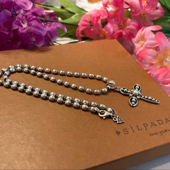 Silpada N1443 Polished Sterling Silver Oval Bead chain & Freshwater Pearl Cross - Picture 6 of 16